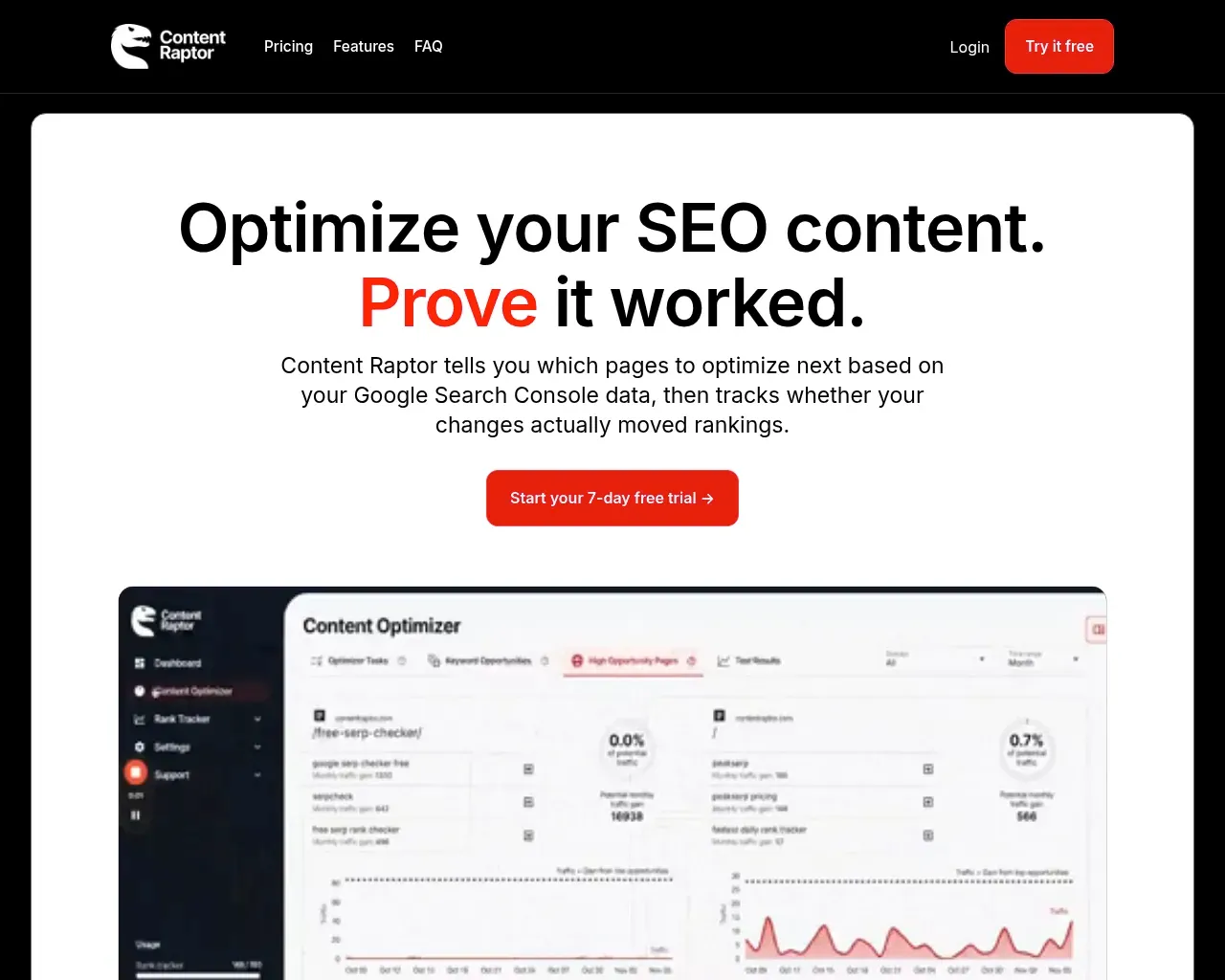 Content Raptor homepage hero — "Optimize your SEO content. Prove it worked."