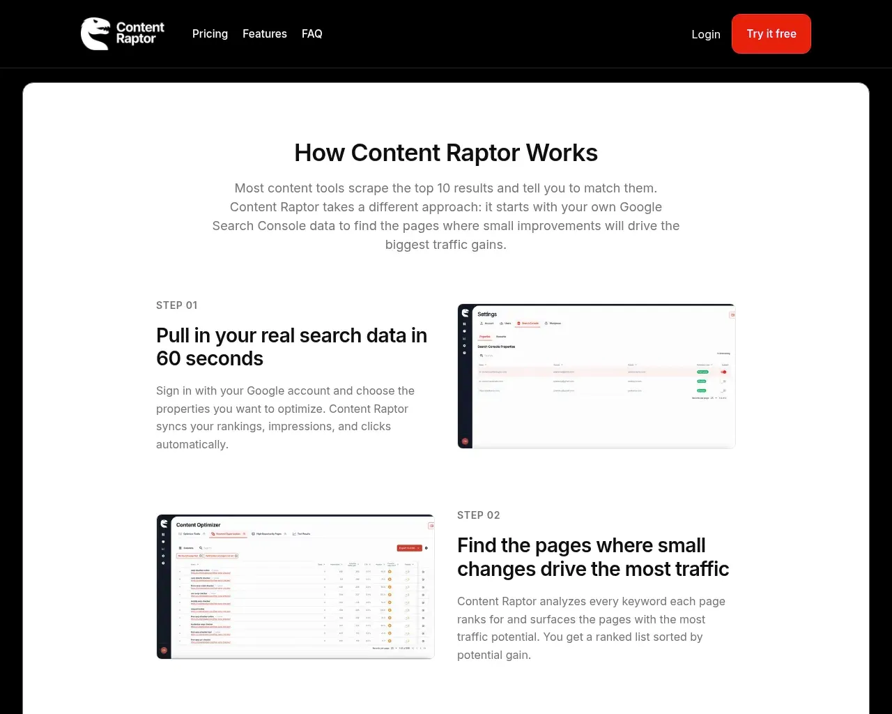 Content Raptor how-it-works — connecting Google Search Console to surface high-opportunity pages
