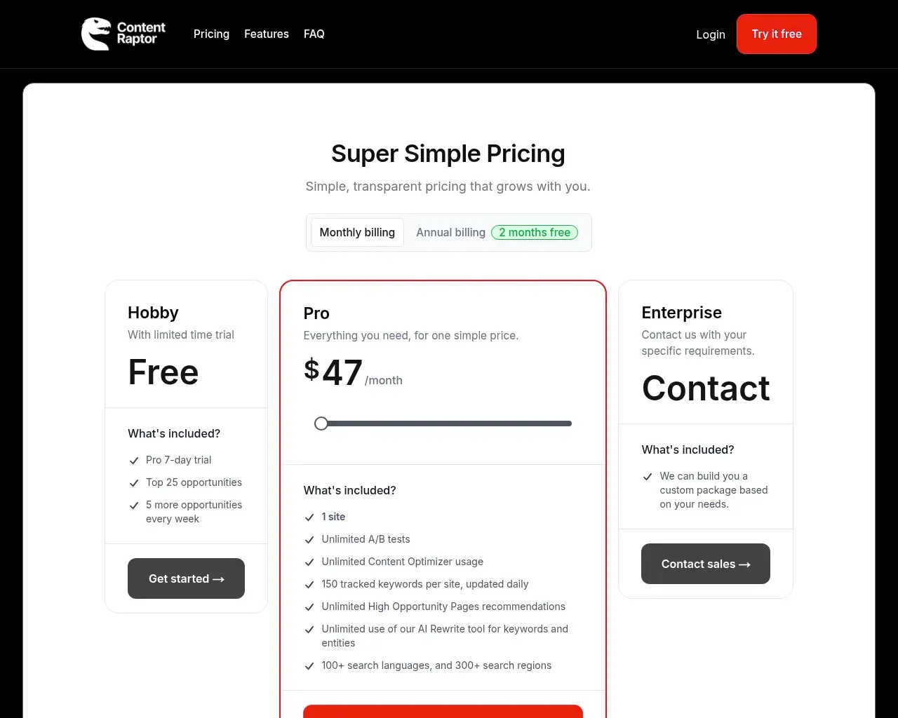 Content Raptor pricing — Free 7-day trial, $47/site Pro plan, Enterprise contact tier
