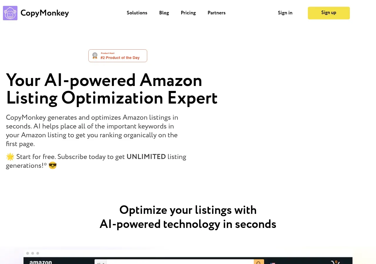 Page d'accueil de CopyMonkey — "Your AI-powered Amazon Listing Optimization Expert," générant des titres, puces et descriptions optimisés par mots-clés