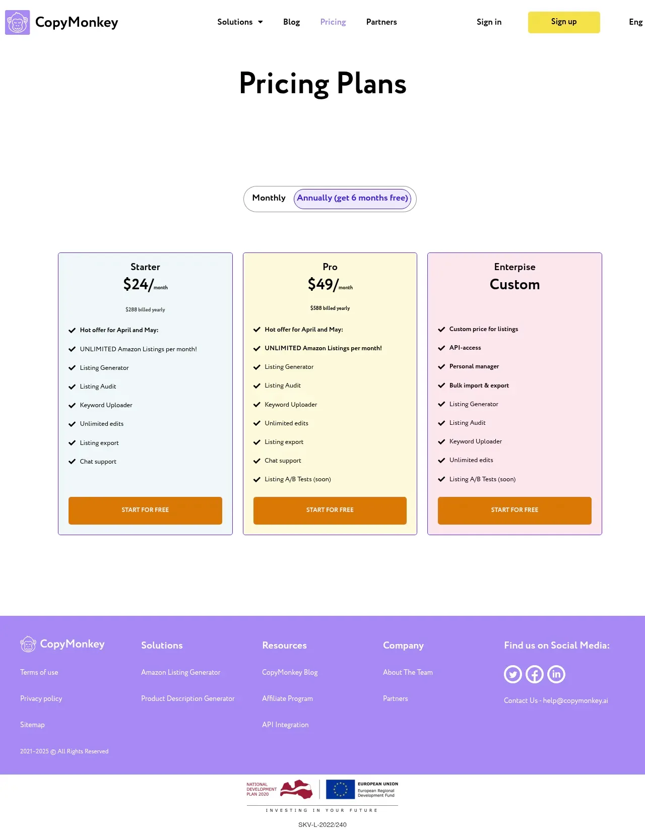 Tarifs de CopyMonkey — formules Starter, Pro et Enterprise en facturation annuelle, avec un bouton bascule mensuel/annuel et "six months free"