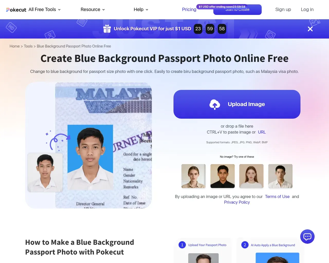 Página de la herramienta de foto de pasaporte con fondo azul de Pokecut