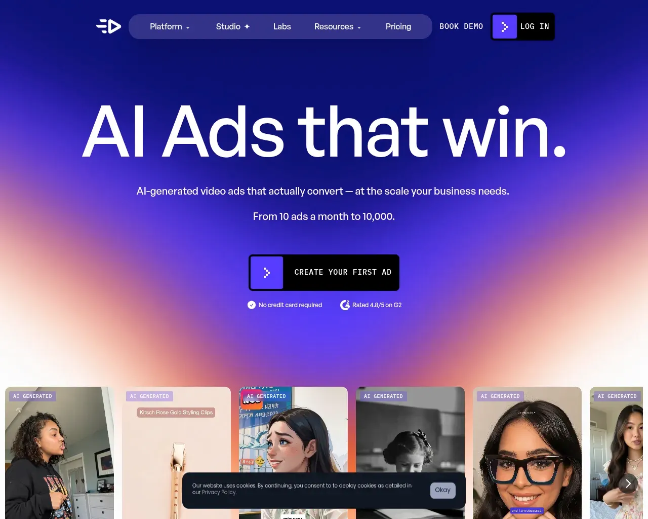 Creatify homepage — the AI ad generator hero with sample AI-generated video ads