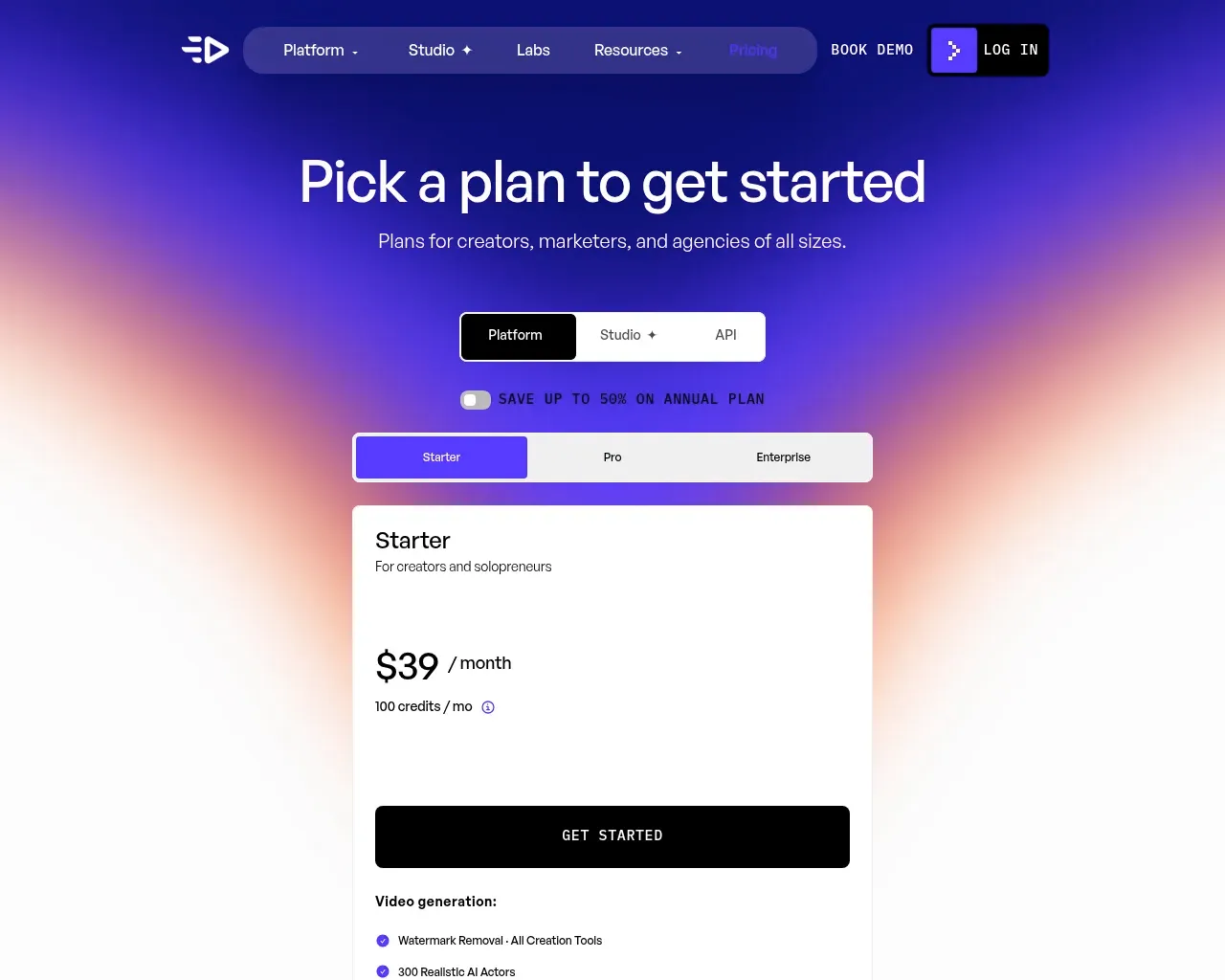 Creatify pricing — free, Starter, Pro and Enterprise plans on a monthly credit system