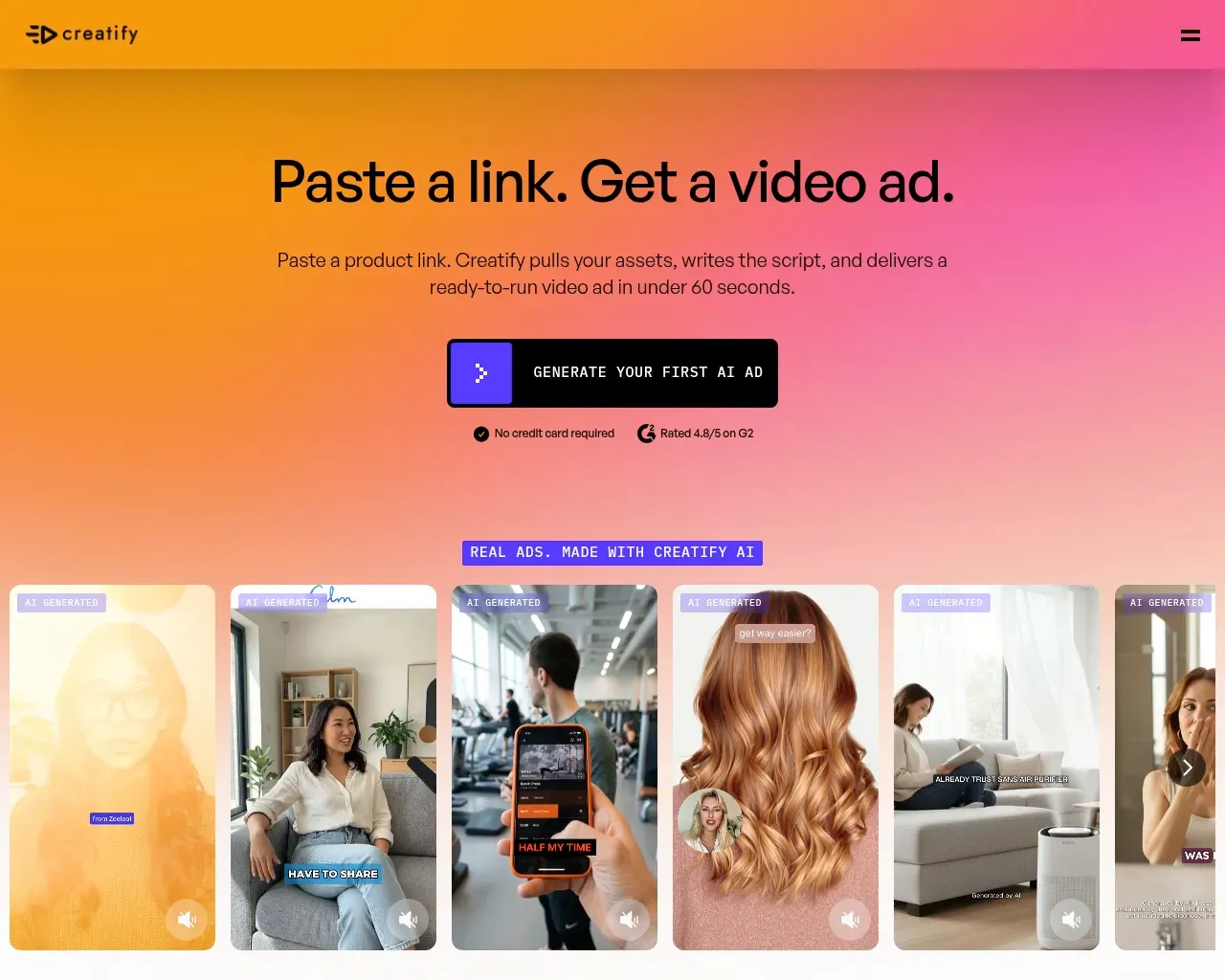 Creatify's URL-to-video feature — paste a product link, choose an avatar, generate an ad