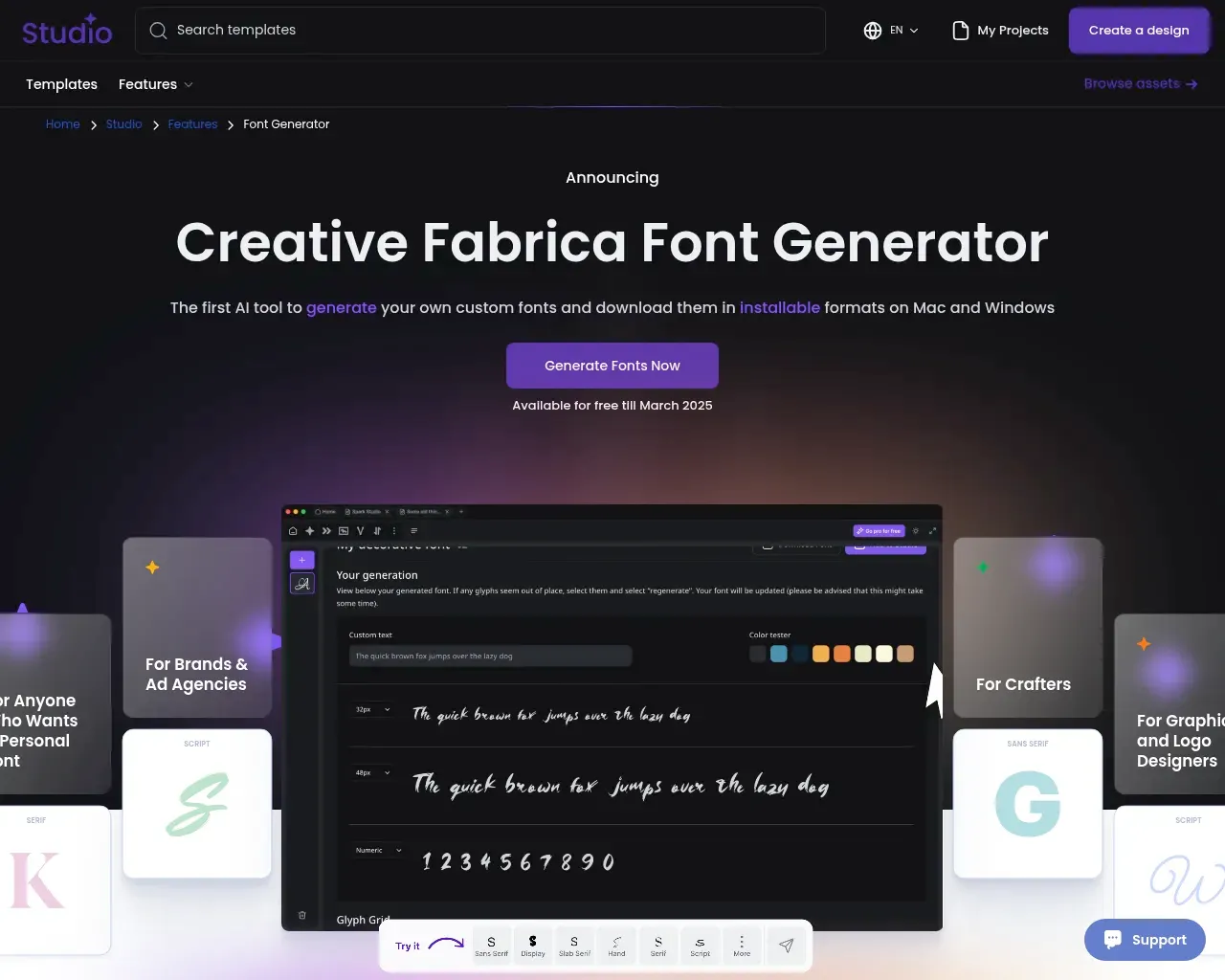 Página de inicio del Generador de Fuentes AI de Creative Fabrica — "la primera herramienta AI para generar tus propias fuentes personalizadas y descargarlas en formatos instalables," con una vista previa de edición de glifos en vivo