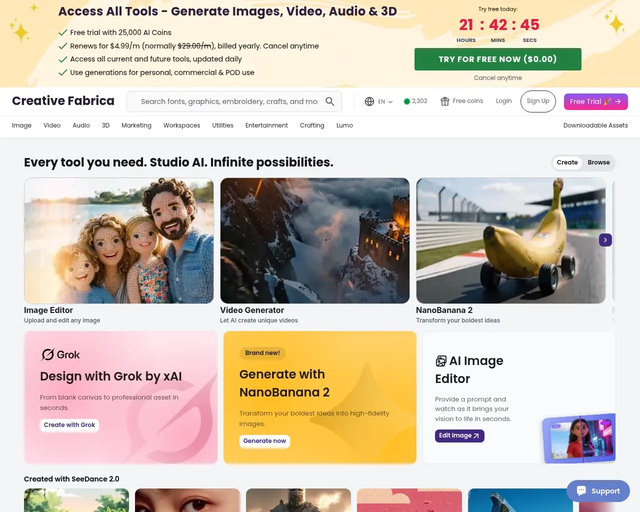 Inicio del AI Studio de Creative Fabrica, mostrando la oferta de monedas de prueba gratuita y la barra lateral de herramientas de imagen, video, audio y 3D