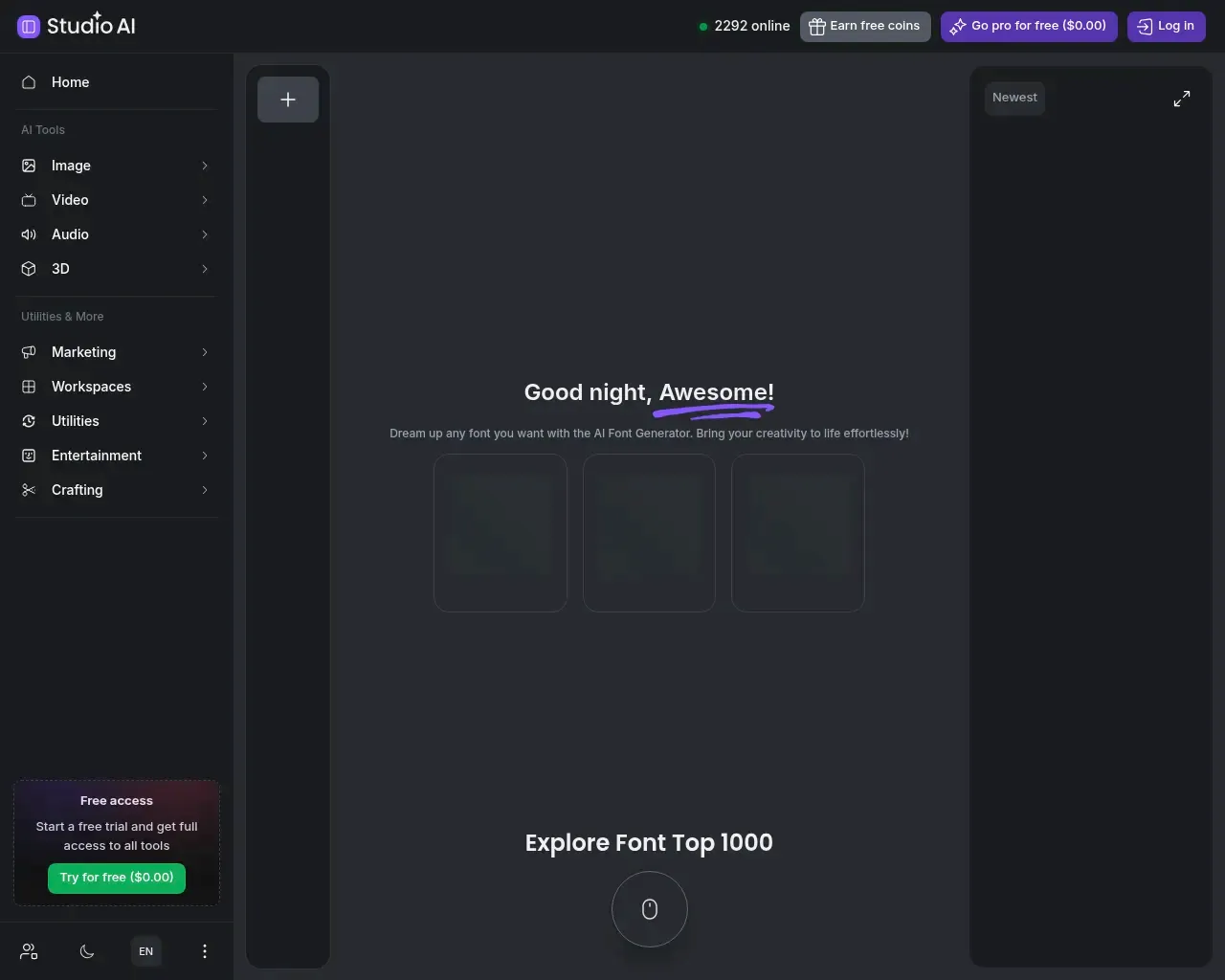 El espacio de trabajo de fuentes de Creative Fabrica Studio, donde se indica un estilo y se revisan los glifos generados antes de exportar