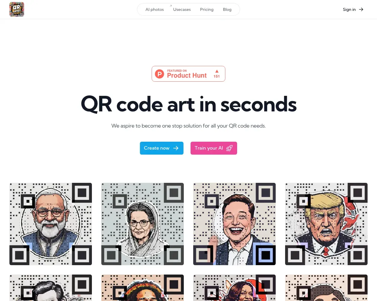 Página principal del artista de códigos QR de Zust — el héroe "arte QR en segundos", una insignia de Product Hunt y una galería de códigos QR en formato retrato