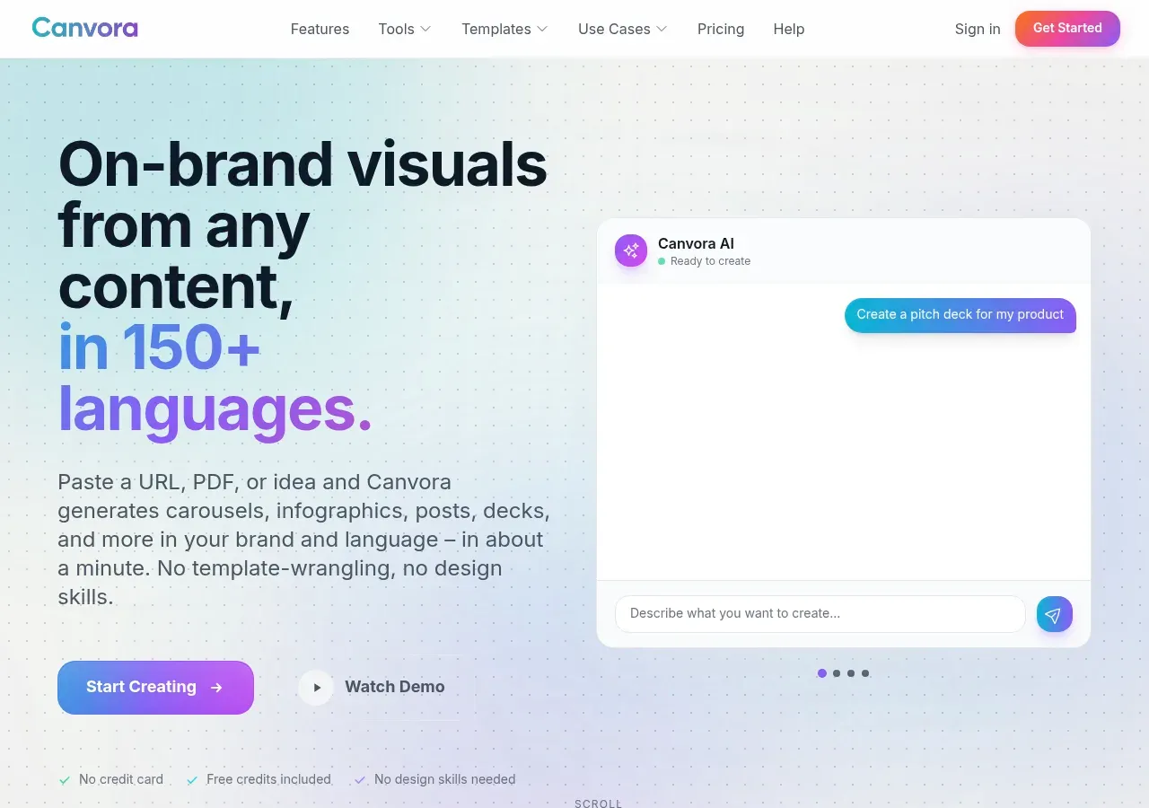 Canvora homepage — "On-brand visuals from any content, in 150+ languages" with a chat-style prompt box