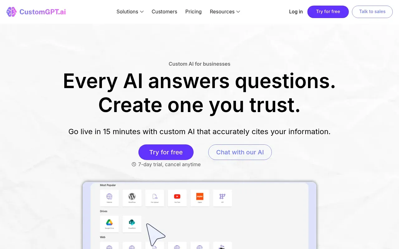 CustomGPT.ai homepage — "Create AI that gets it right", a business RAG chatbot built from your own content