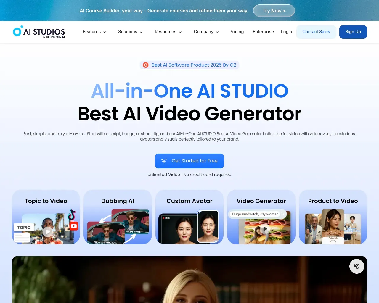 AI Studios (DeepBrain AI) होमपेज जिसमें अवतार, डबिंग और टेम्पलेट टैब के साथ ऑल-इन-वन AI वीडियो जेनरेटर हीरो दिखाया गया है