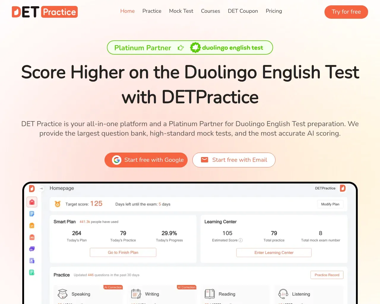 DET Practice का होमपेज — "Score Higher on the Duolingo English Test" हीरो के साथ Platinum Partner बैज और यूज़र-काउंट स्टैट्स