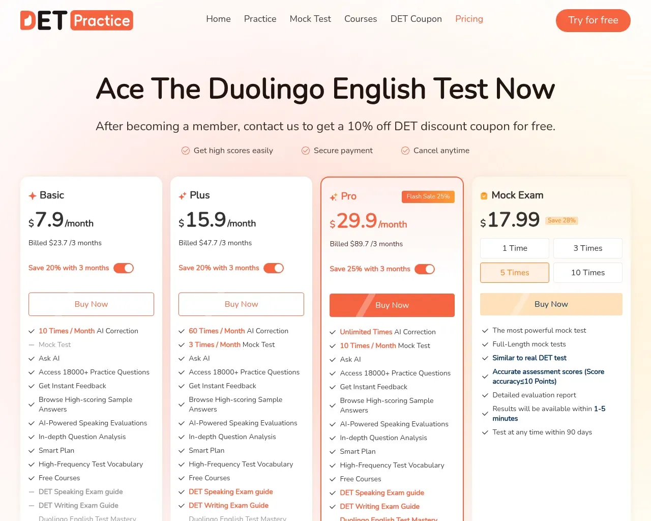 DET Practice मूल्य निर्धारण — स्टैंडअलोन मॉक परीक्षा पैक के साथ Basic, Plus और Pro मासिक योजनाएं