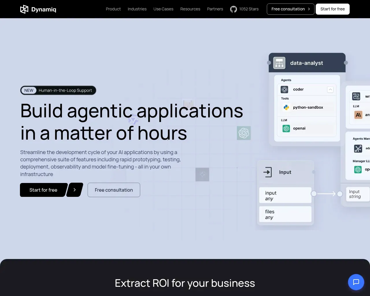 Главная страница Dynamiq — операционная платформа для GenAI-приложений, выше линии сгиба