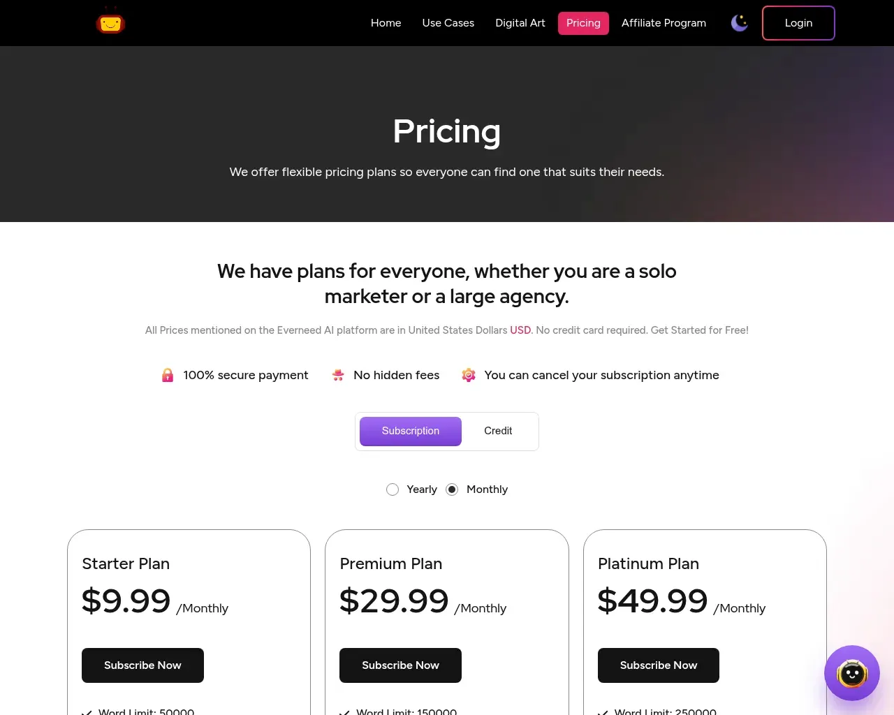 Everneed AI pricing page — monthly and yearly subscription tiers priced in USD
