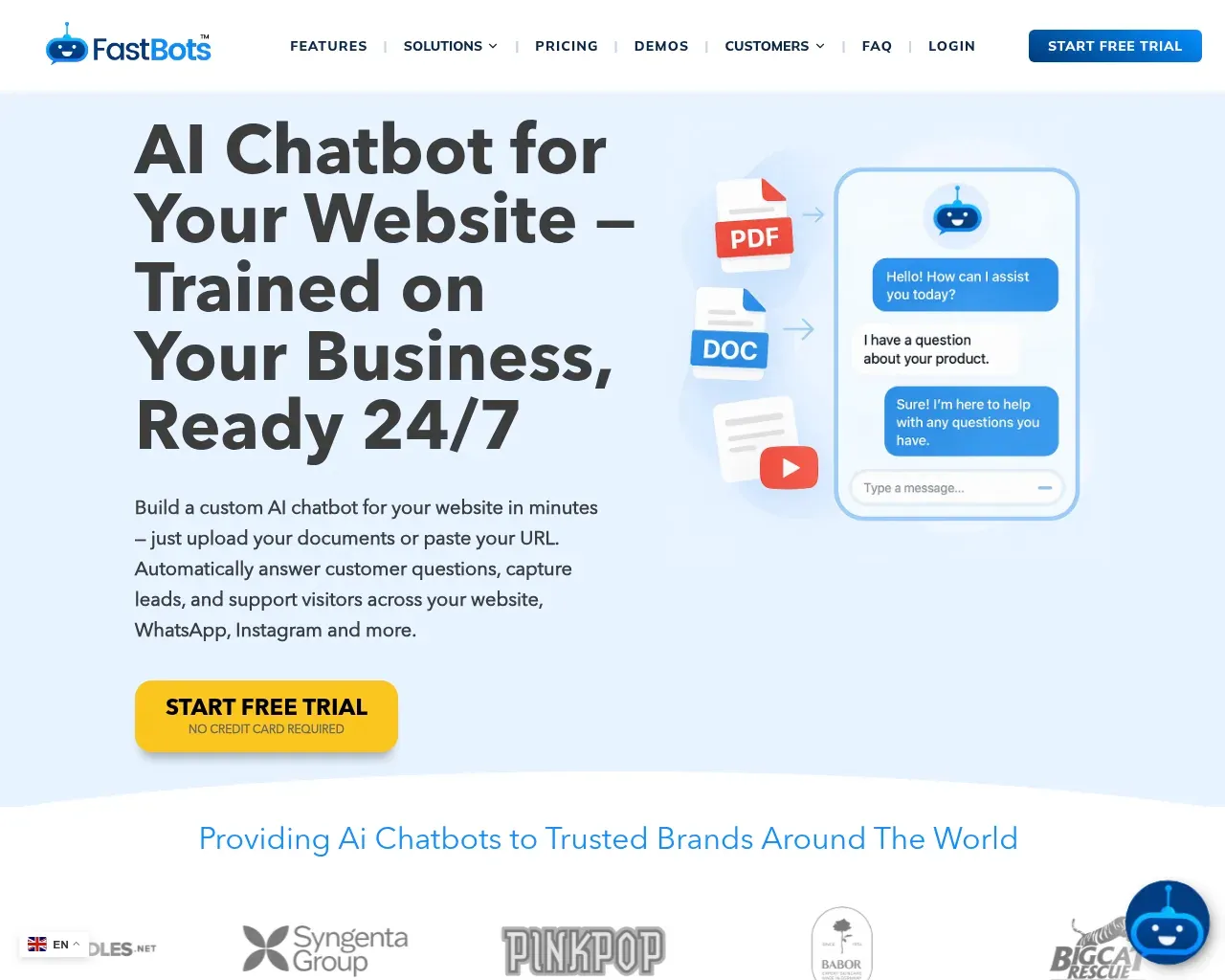 FastBots.ai homepage showing its AI chatbot builder for websites
