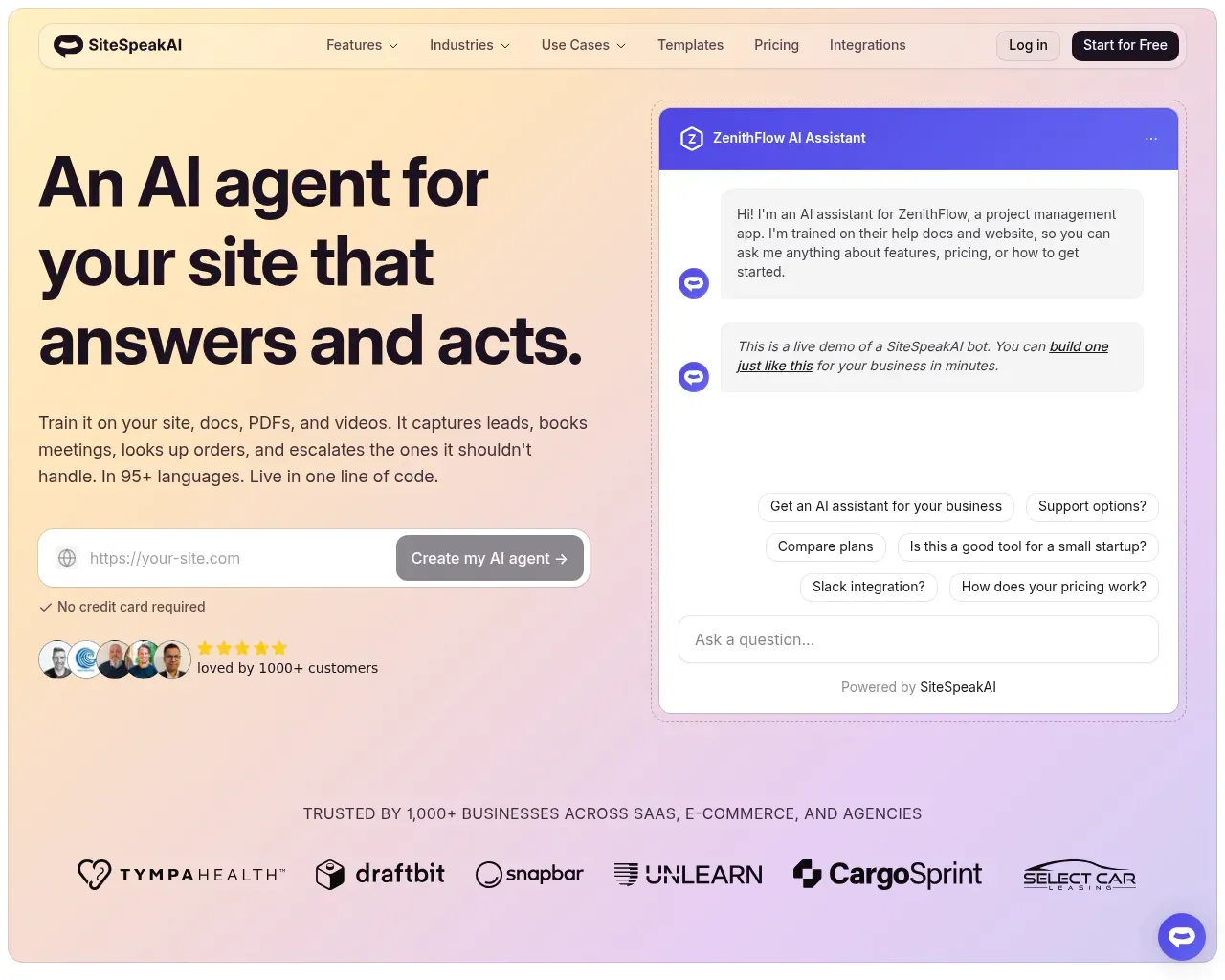 SiteSpeakAI homepage describing an AI agent that answers and acts