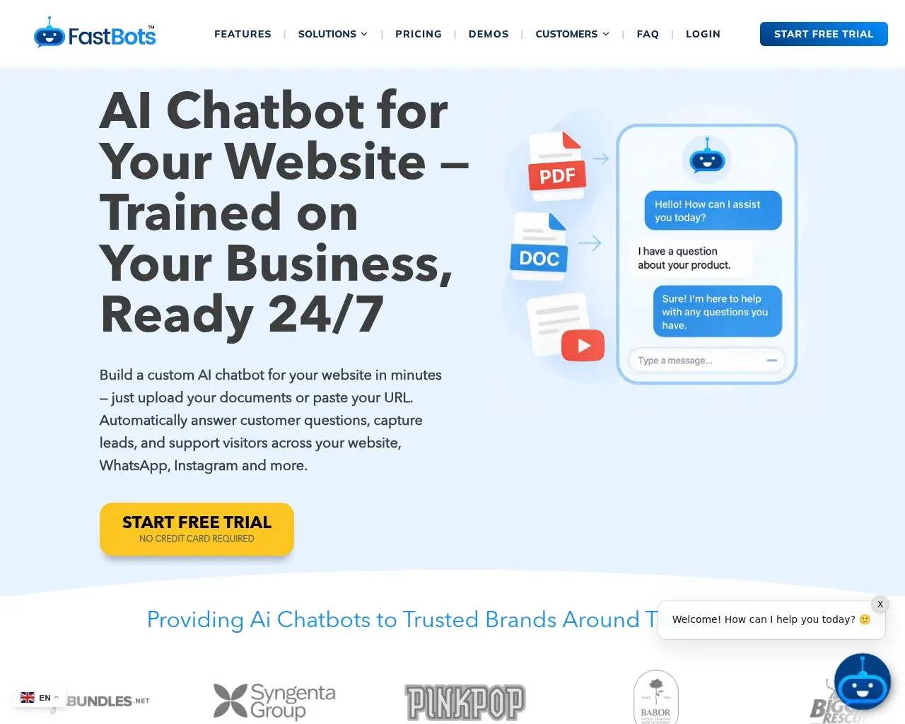 FastBots.ai homepage hero — build a custom AI chatbot trained on your business data