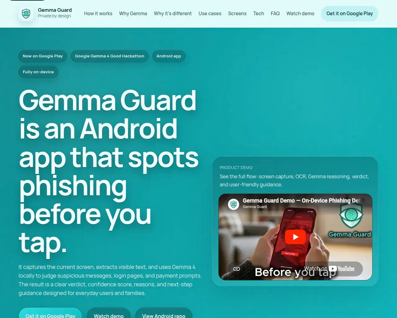 Gemma Guard homepage — on-device Android phishing detection powered by Gemma 4