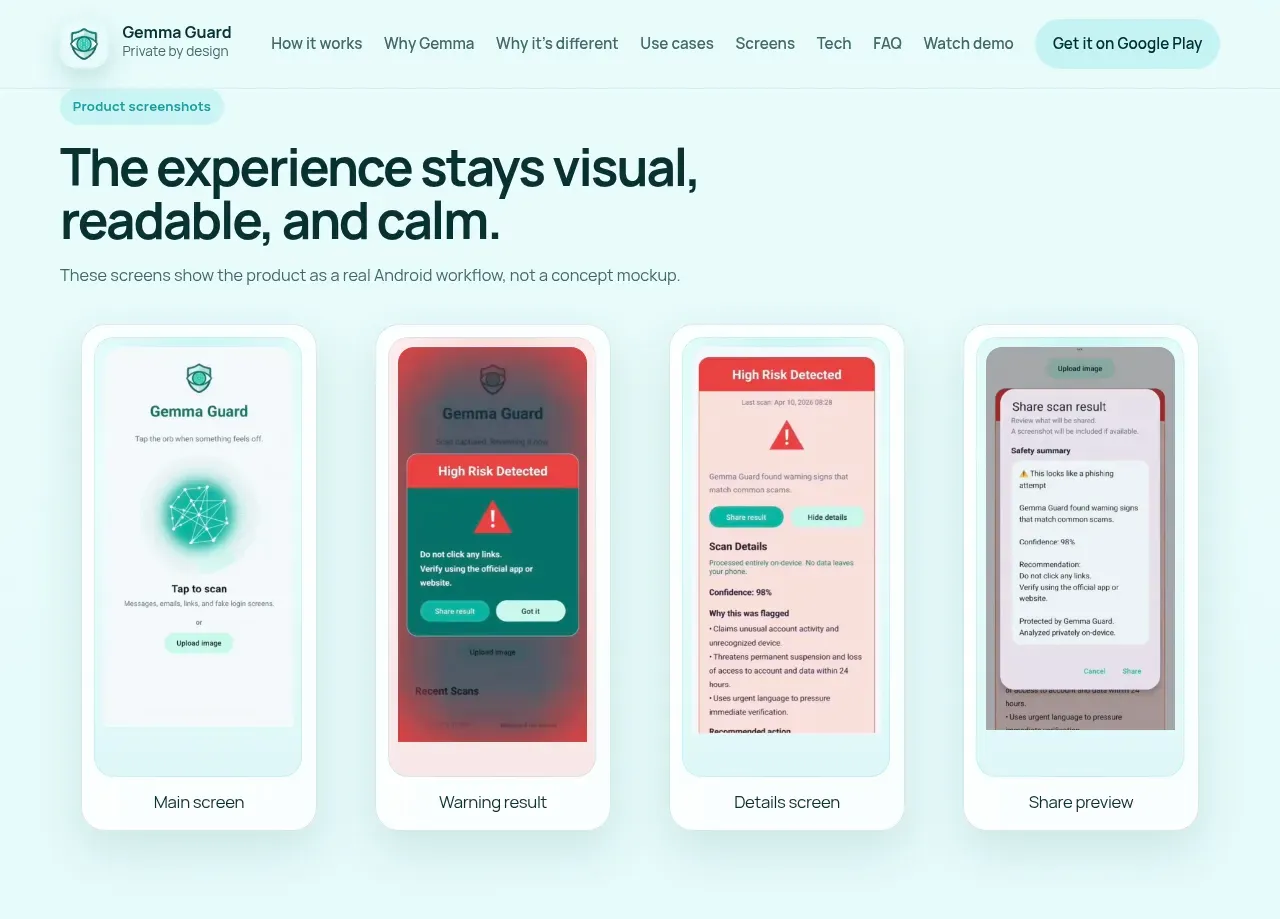 Gemma Guard screens — main scan screen, a high-risk warning, the detailed reasons, and the share preview