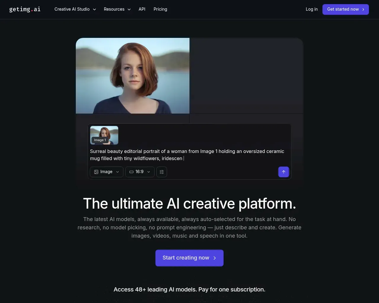getimg.ai主页 — AI创意平台英雄区，带有提示框和文字"Access 48+ leading AI models"