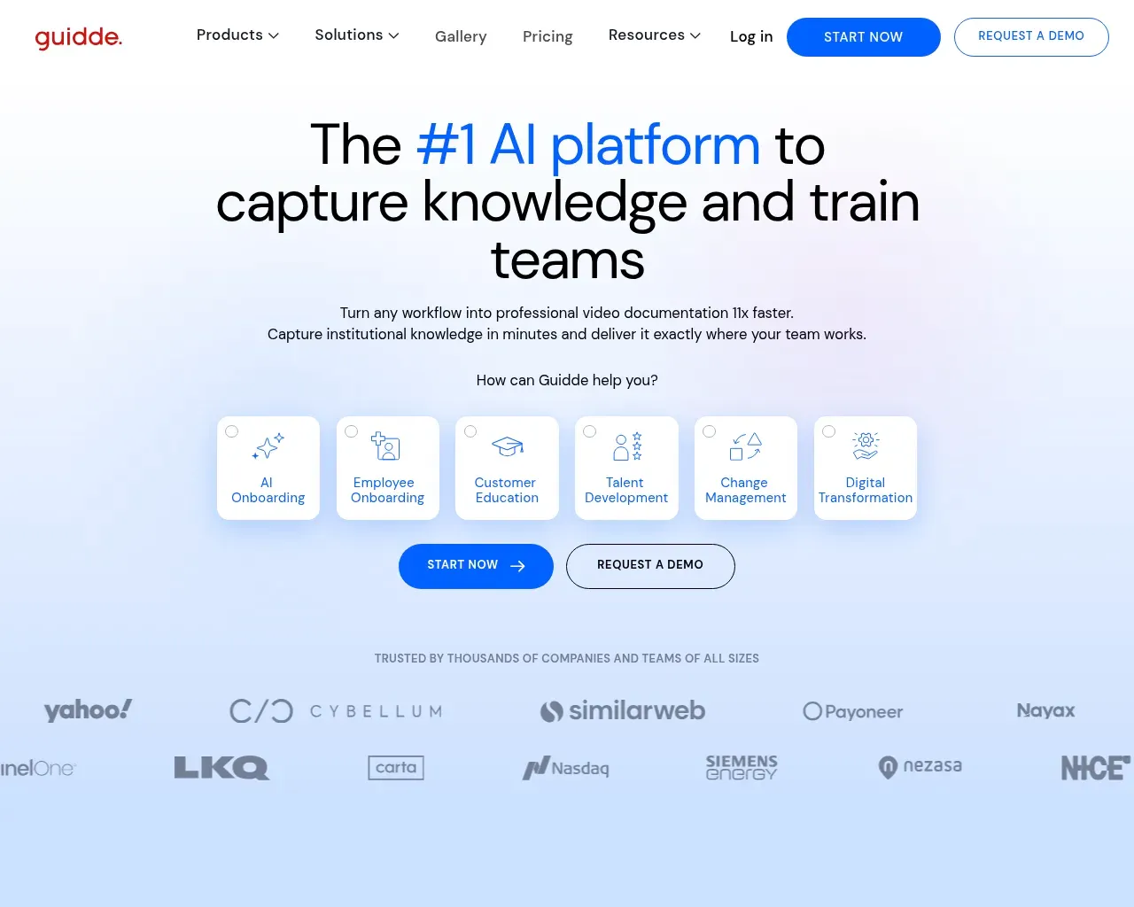 Главная страница Guidde — AI-платформа, превращающая рабочие процессы в нарративную видеодокументацию