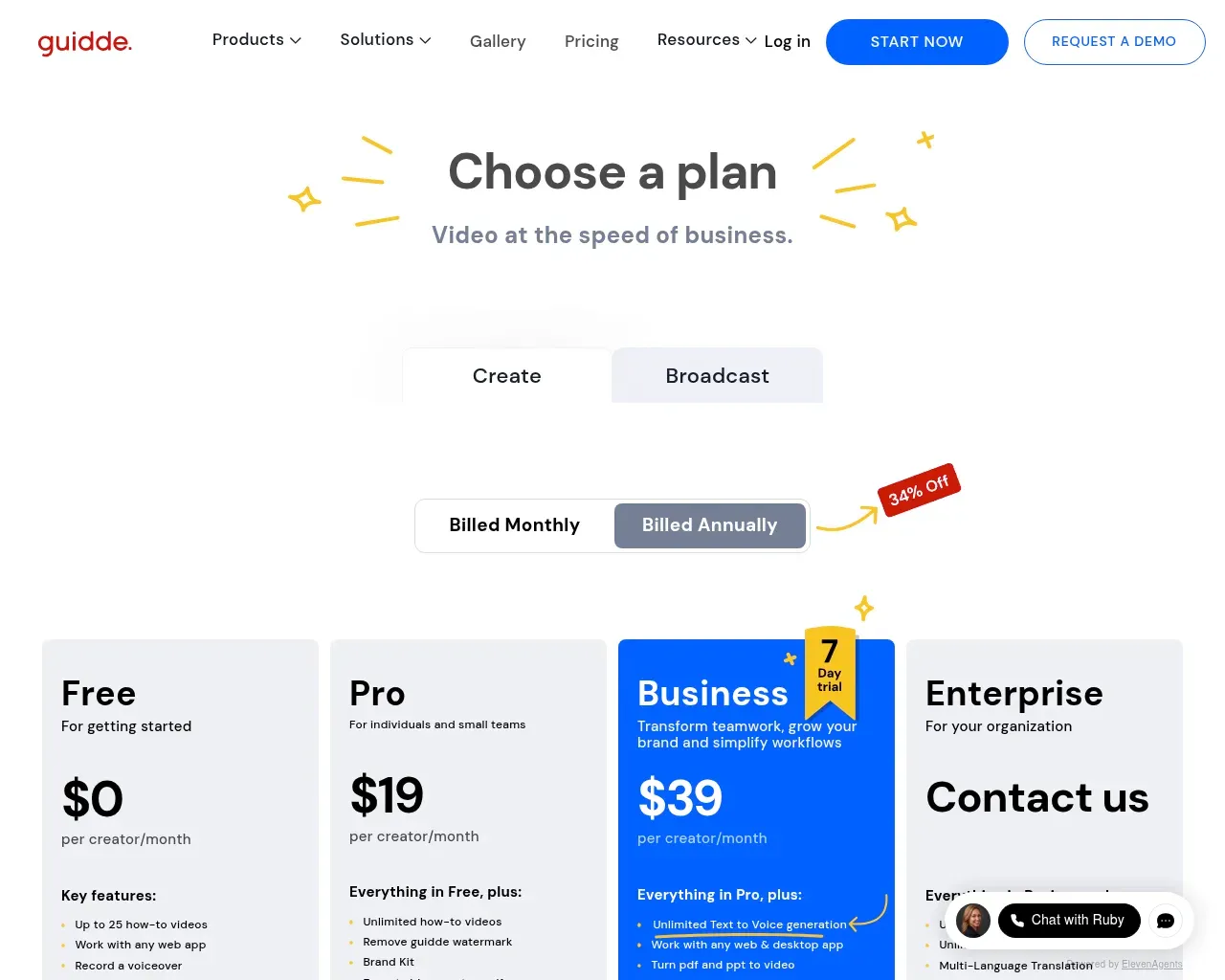 Цены Guidde — бесплатный тариф, Pro за $29 и Business за $59 на одного создателя в месяц, а также уровень Enterprise