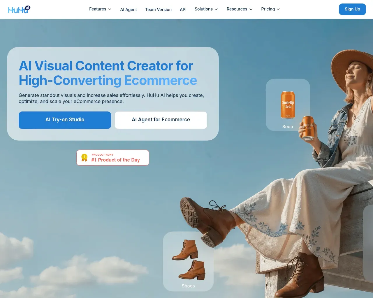 HuHu AI homepage — AI visual content creator for e-commerce, with AI Try-on Studio and AI Agent