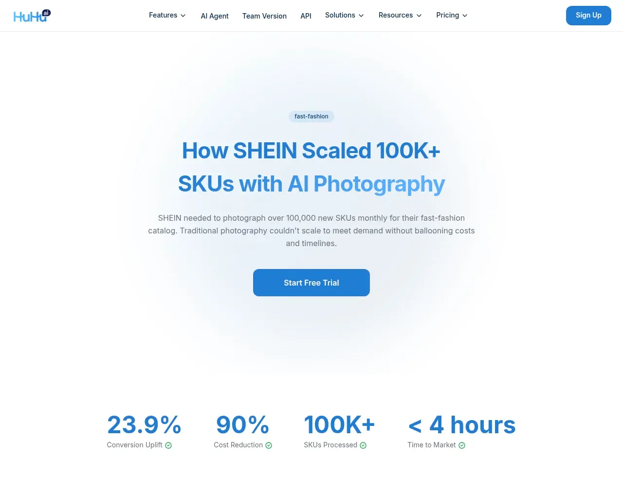 HuHu AI SHEIN case study page — 100K+ SKUs, conversion and cost-reduction figures
