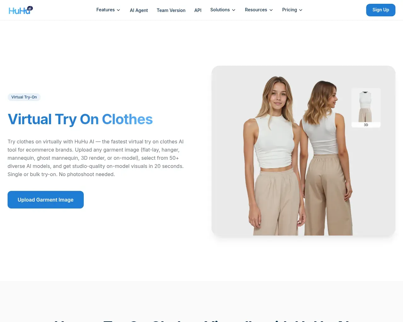 HuHu AI virtual try-on feature page — turning flat garment shots into on-model photos