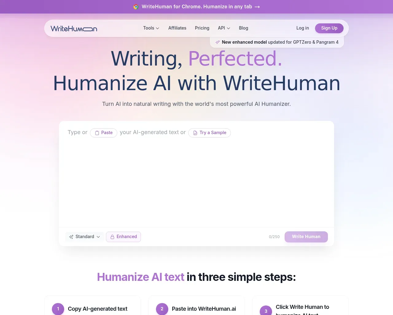Captura de pantalla de la página principal de WriteHuman