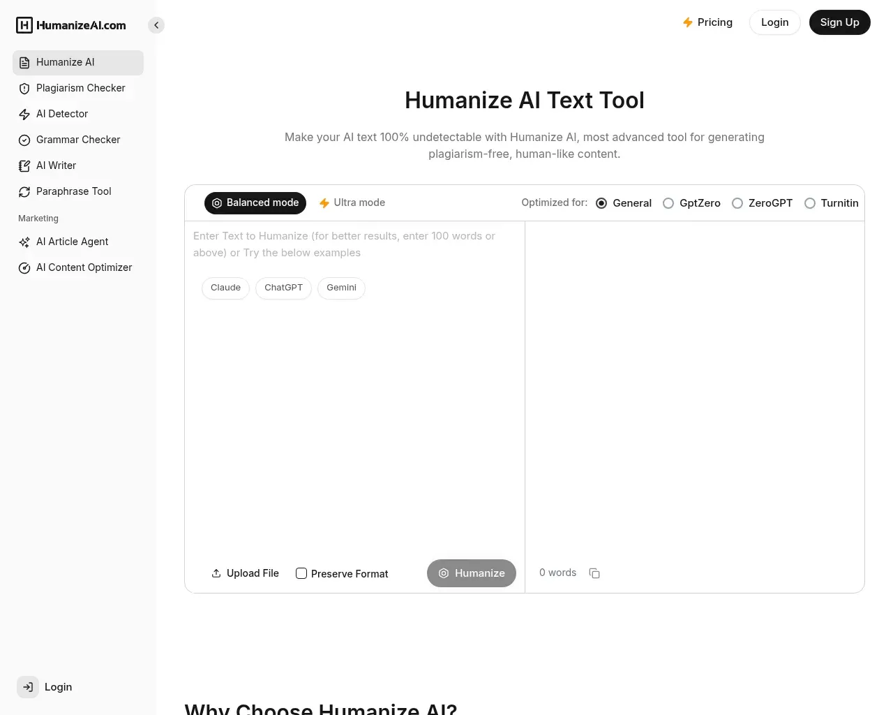 HumanizeAI.com homepage — the Humanize AI Text editor with Balanced and Ultra modes and detector presets for GptZero, ZeroGPT and Turnitin