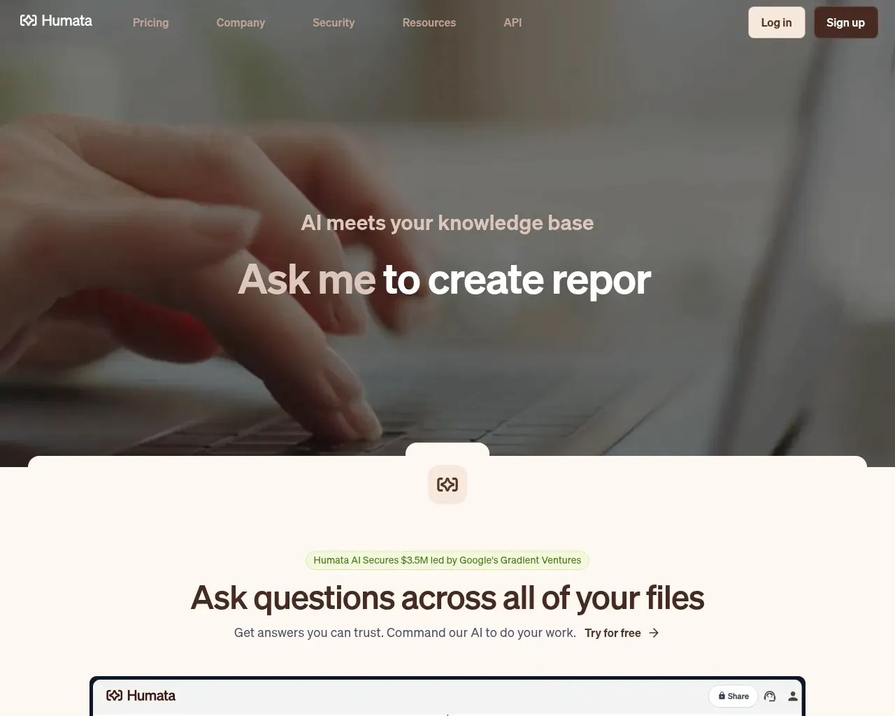 Humata homepage — 'AI meets your knowledge base' hero with the ask-your-documents pitch