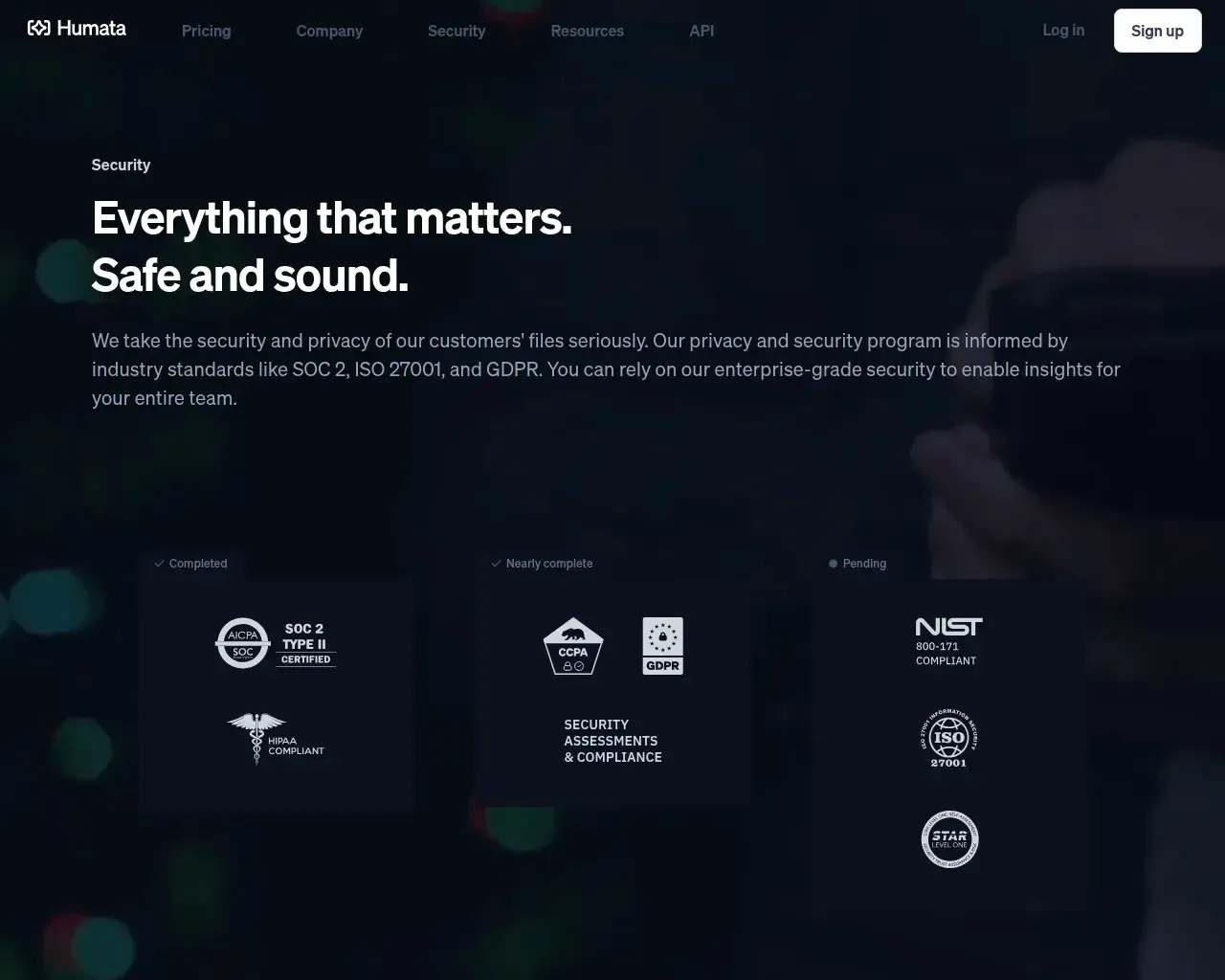 Humata security page — SOC 2 Type II, encryption and SSO/SAML details