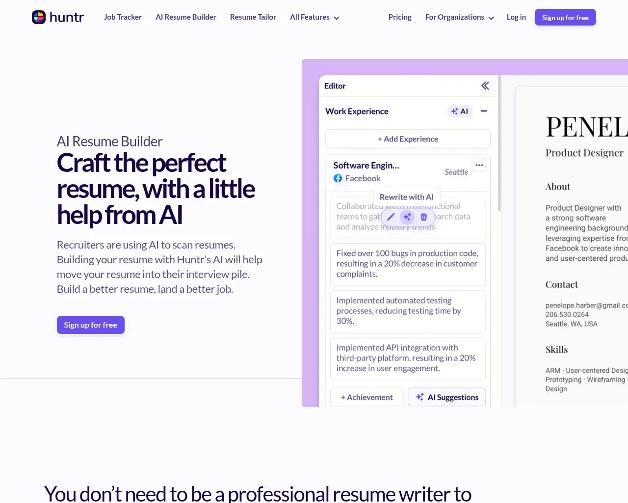 Huntr AI Resume Builder product page
