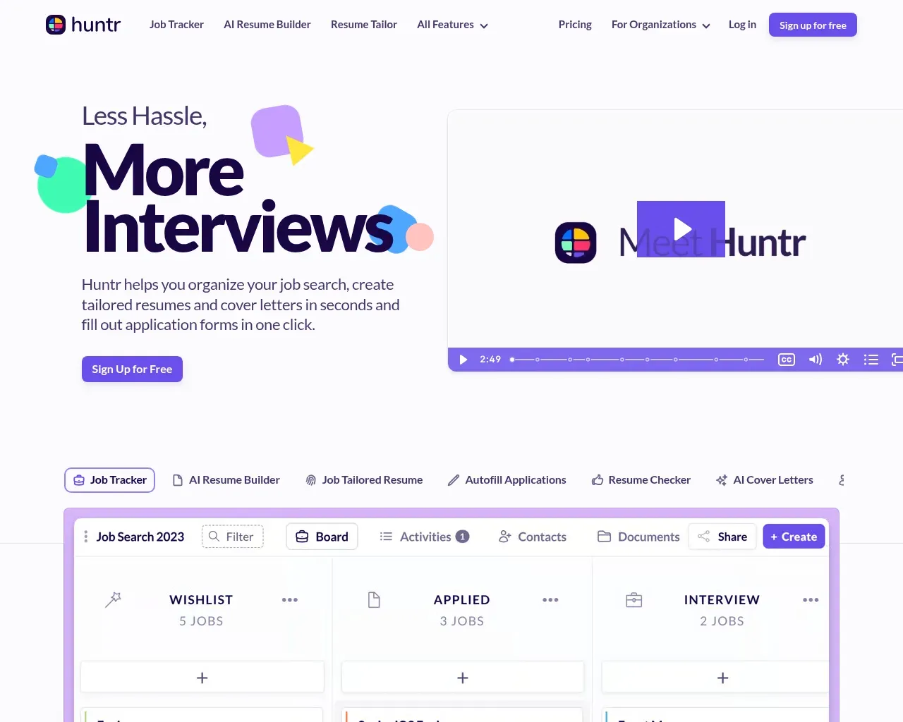Huntr homepage showing its job tracker and AI resume builder