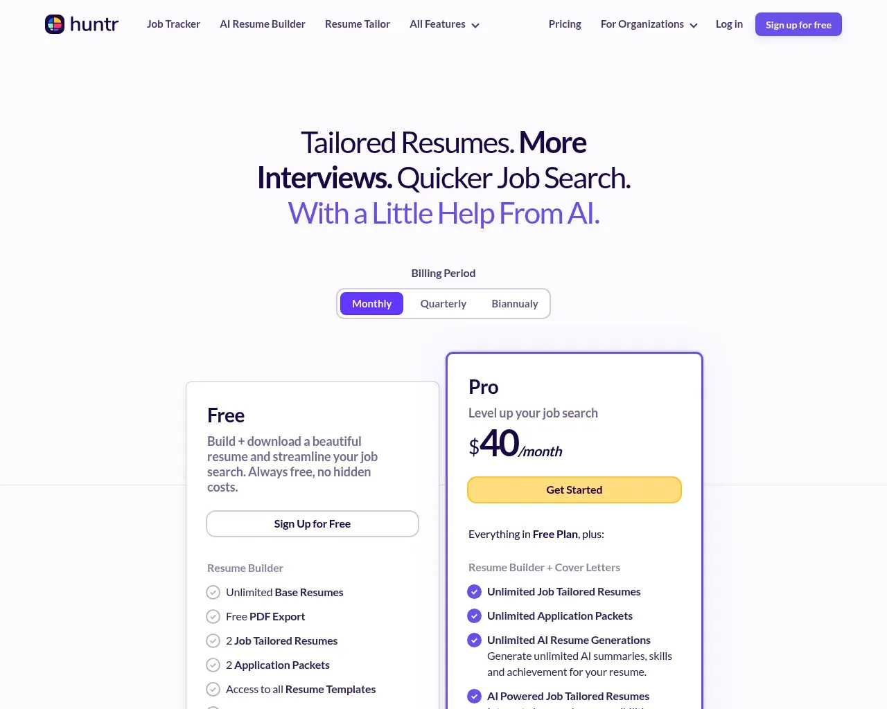 Huntr pricing page with its free and Pro plans