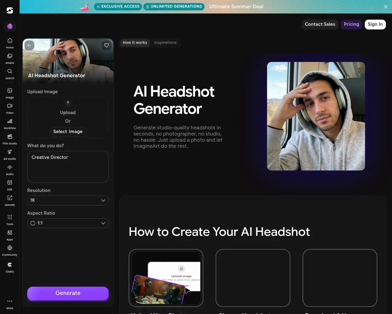 ImagineArt AI Headshot Generator interface — an upload panel with a role field set to "Creative Director," resolution at 1K, a 1:1 aspect ratio, and a Generate button, beside a sample generated headshot