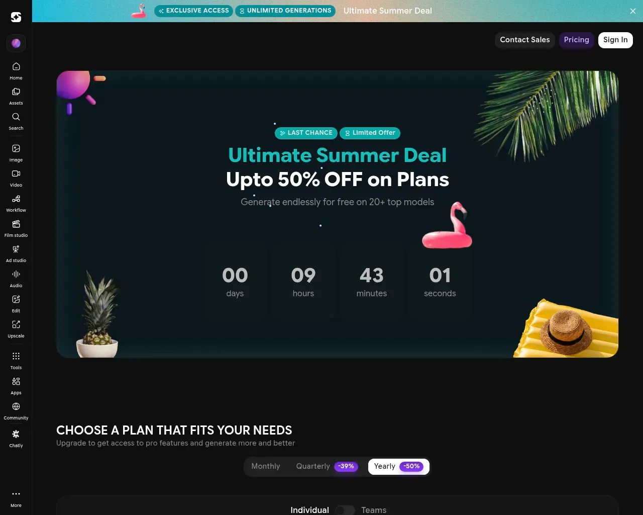 ImagineArt's pricing page showing Monthly, Quarterly (-39%) and Yearly (-50%) billing toggles, Individual vs Teams options, and an "Ultimate Summer Deal" promotion