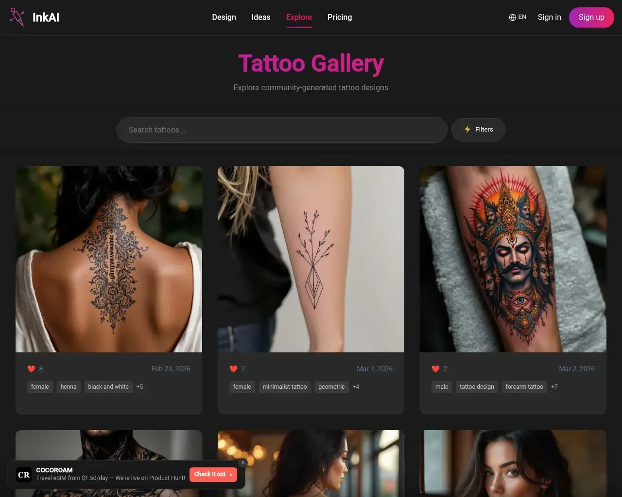 InkAI Explore gallery showing a grid of AI-generated tattoo designs contributed by users