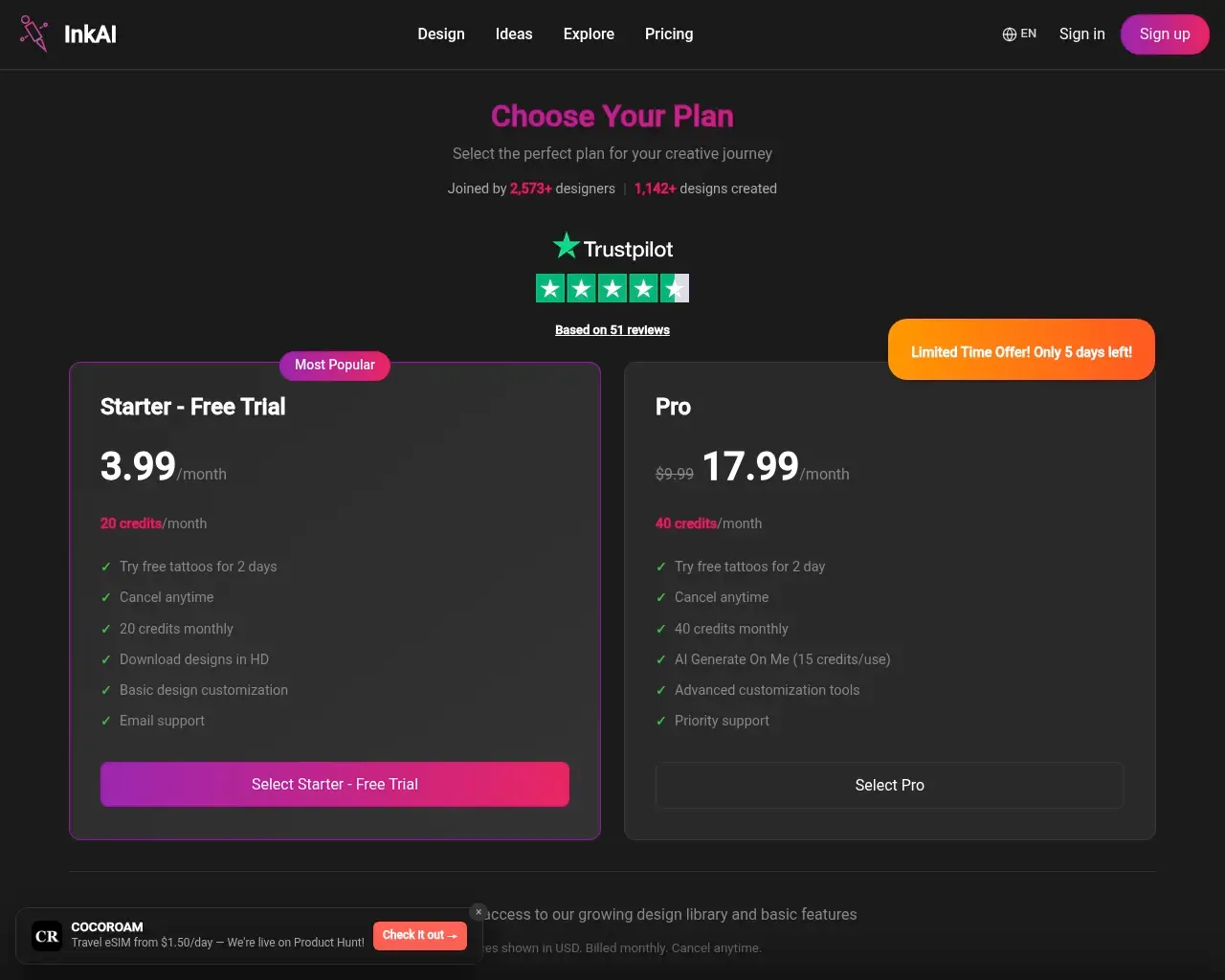 InkAI pricing — Starter Free Trial at $3.99/month with 20 credits, and Pro at $9.99/month with 40 credits and AI Generate On Me