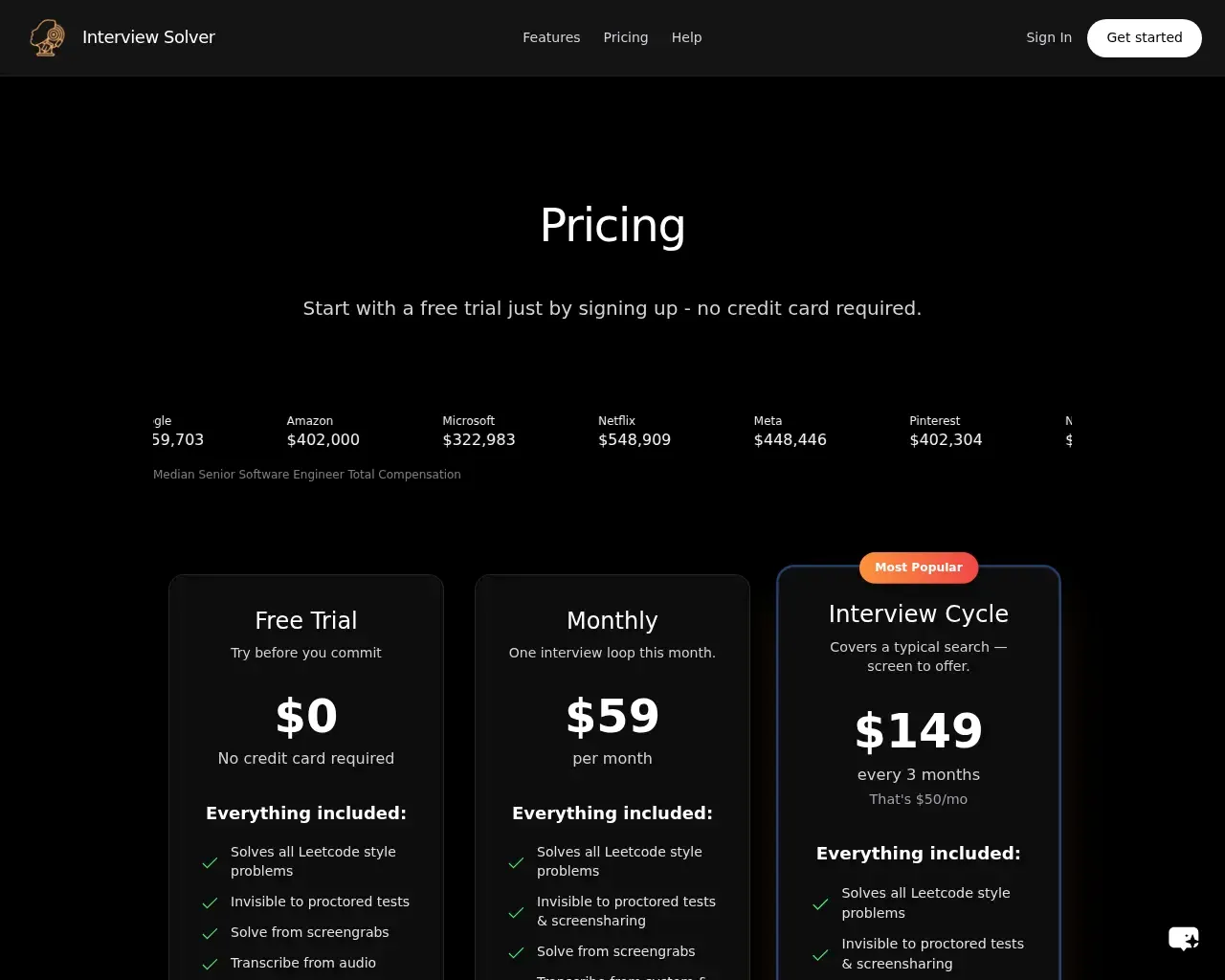 Interview Solver pricing page showing a free trial, a $59 monthly plan, and a $149 three-month Interview Cycle plan