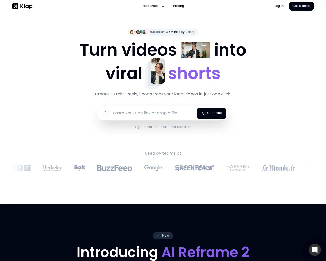 Klap homepage — the one-click "paste a YouTube link and generate viral shorts" hero