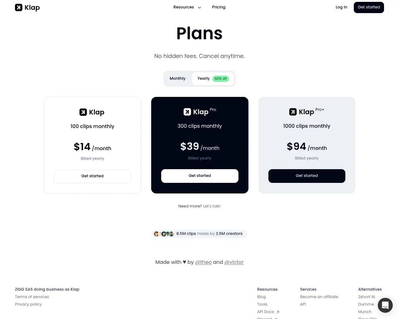 Klap pricing page — three annual tiers plus a free trial
