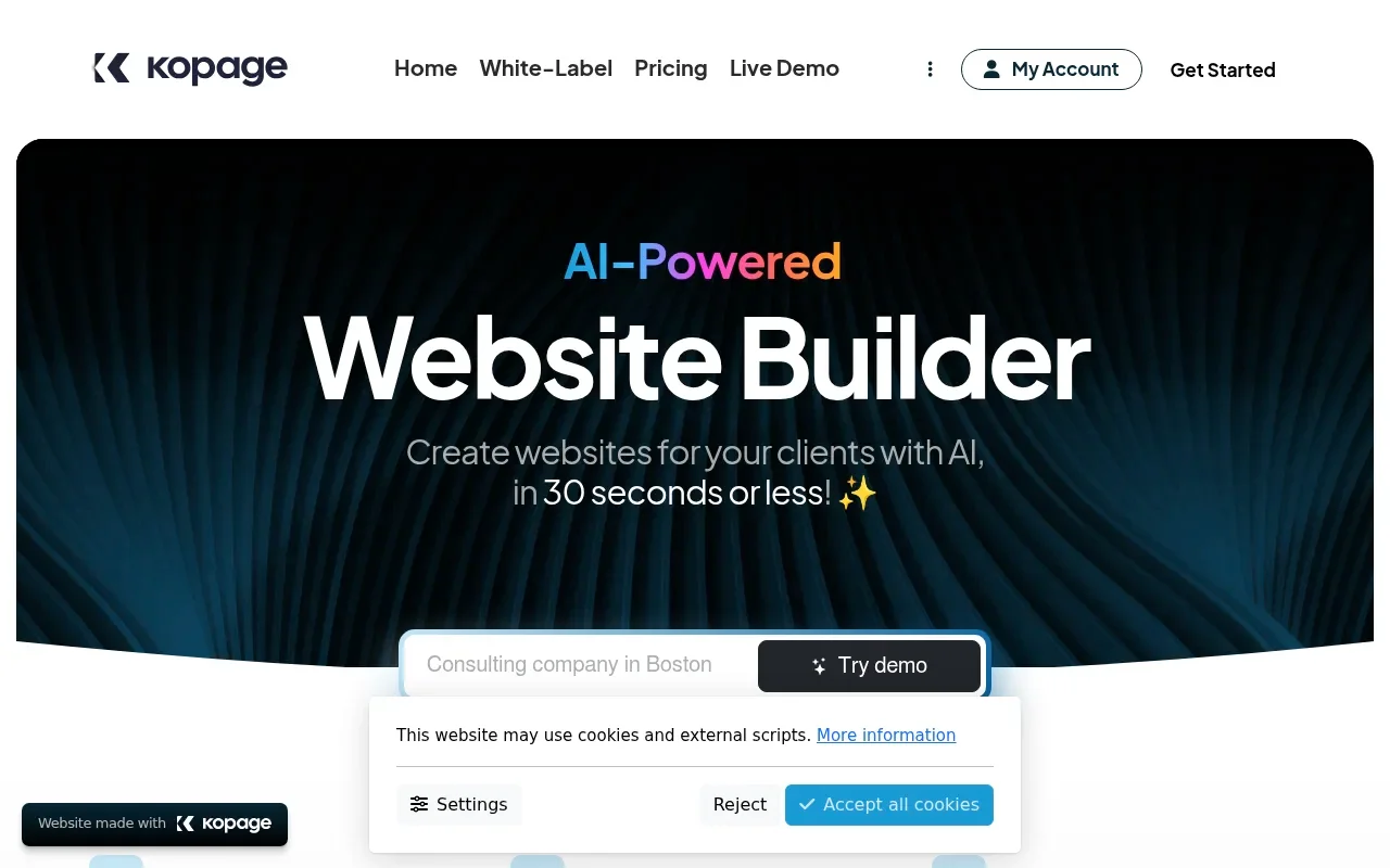 Kopage AI website builder page describing site generation from a short description