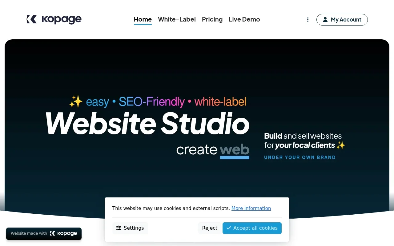 Kopage homepage showing the white-label AI website builder hero and a "create websites for your clients" prompt