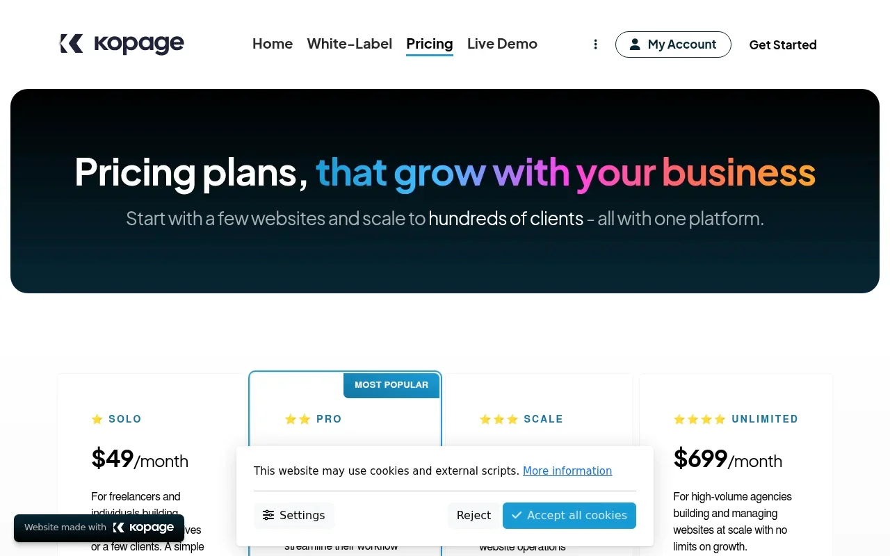 Kopage pricing page showing the Solo, Pro, Scale and Unlimited monthly tiers