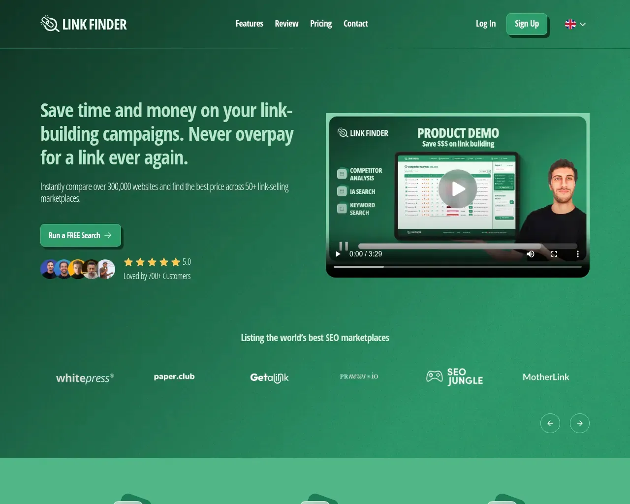 Link Finder होमपेज — «Find the best links, at the best prices, in just 10 seconds» हेडलाइन एक मुफ्त सर्च बॉक्स के ऊपर