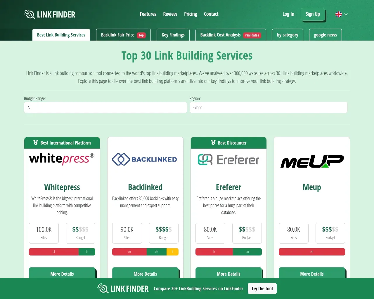 Link Finder का लिंक-बिल्डिंग सेवाएं पेज